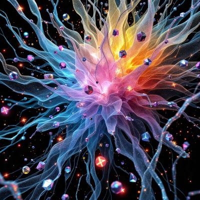 The primary subject of the image is a vibrant, colorful, and abstract artwork featuring a large, swirling, and multicolored design. The setting is a dark background, which contrasts with the bright colors of the artwork. The visual style is a combination of digital art and illustration, creating a unique and eye-catching piece. The colors and mood of the image are lively and energetic, with a sense of movement and creativity.